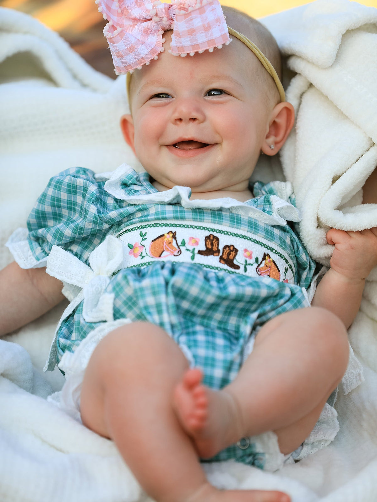 Rylee Faith Designs - Western Plaid Horse Embroidered Girl Bubble Romper - alternate view 3