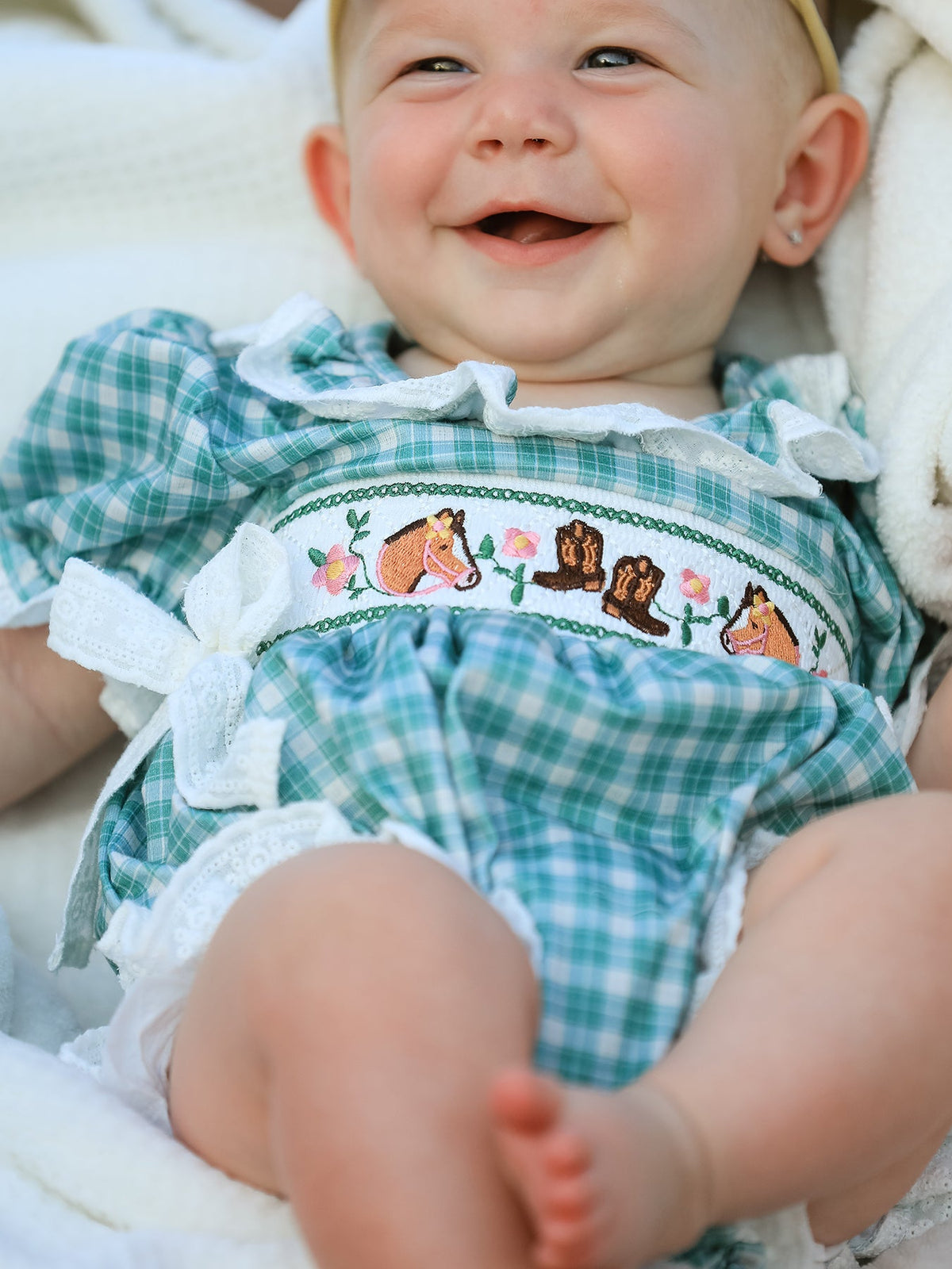 Rylee Faith Designs - Western Plaid Horse Embroidered Girl Bubble Romper - alternate view 4