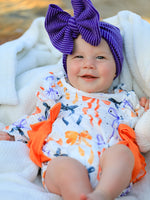 Rylee Faith Designs - Halloween Bow Print Girls Romper Ruffle Bow Long Sleeve