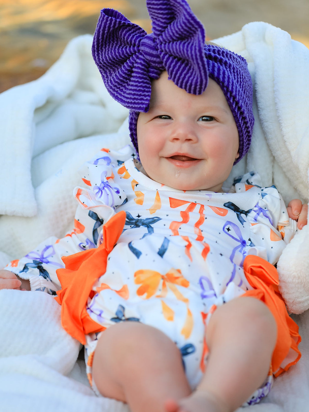 Rylee Faith Designs - Halloween Bow Print Girls Romper Ruffle Bow Long Sleeve