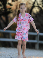 Rylee Faith Designs - Pink TS Lapel Button Short Sleeve Shorts Pajama Set
