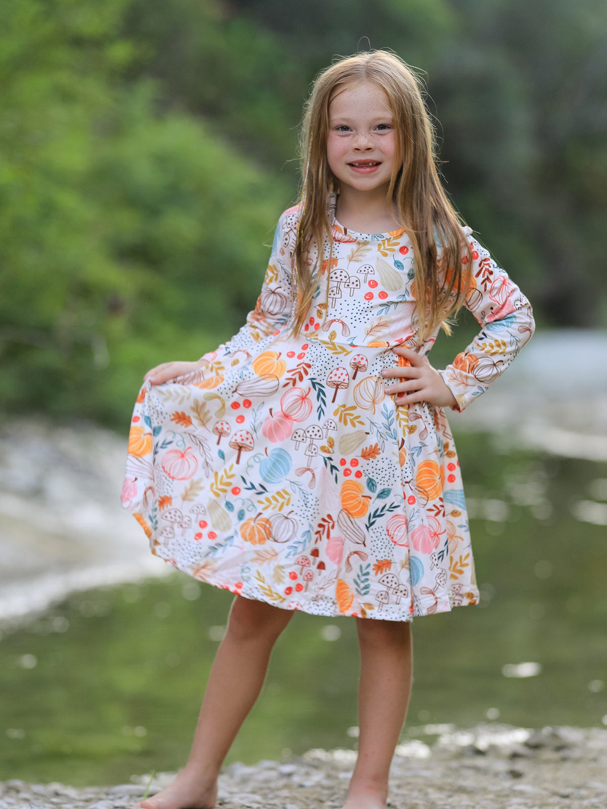 Rylee Faith Designs - Fall Thanksgiving Pumpkin Leaf Print Dress