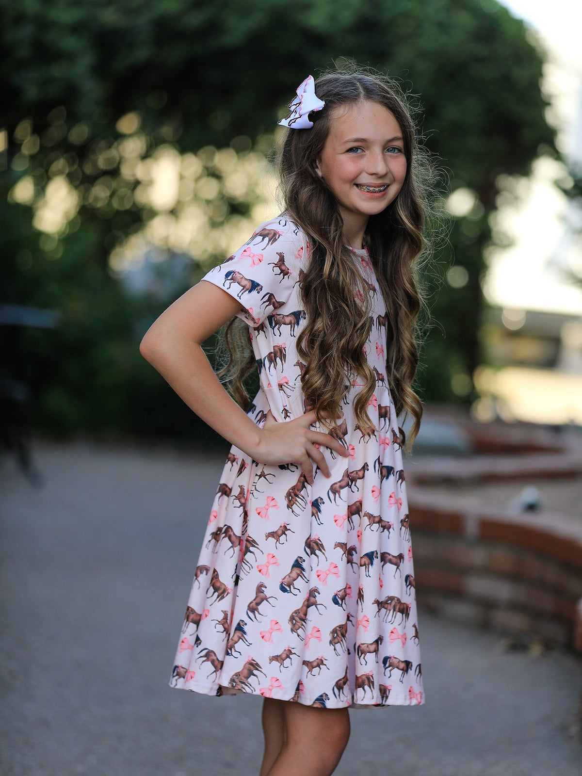 Rylee Faith Designs - Girls Western Horse Print Twirl Dress Short Sleeve - alternate view 3