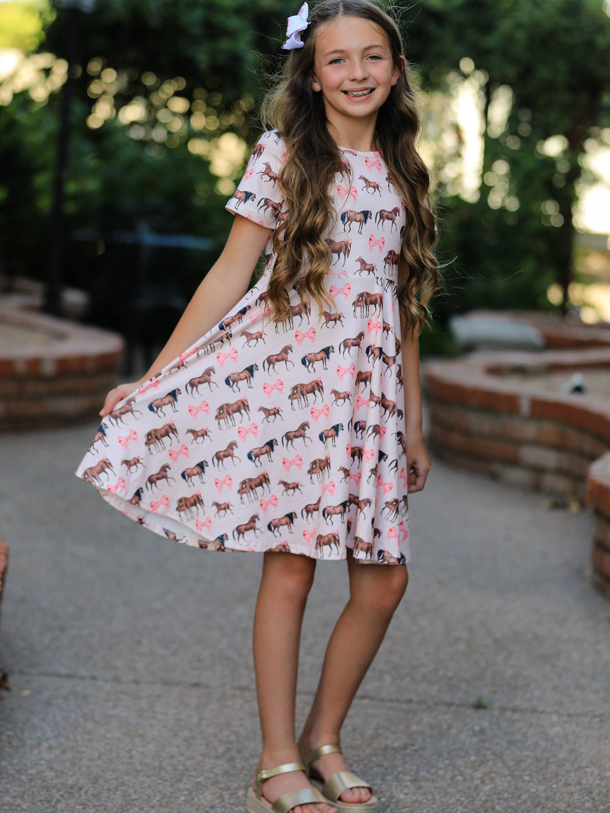 Rylee Faith Designs - Girls Western Horse Print Twirl Dress Short Sleeve