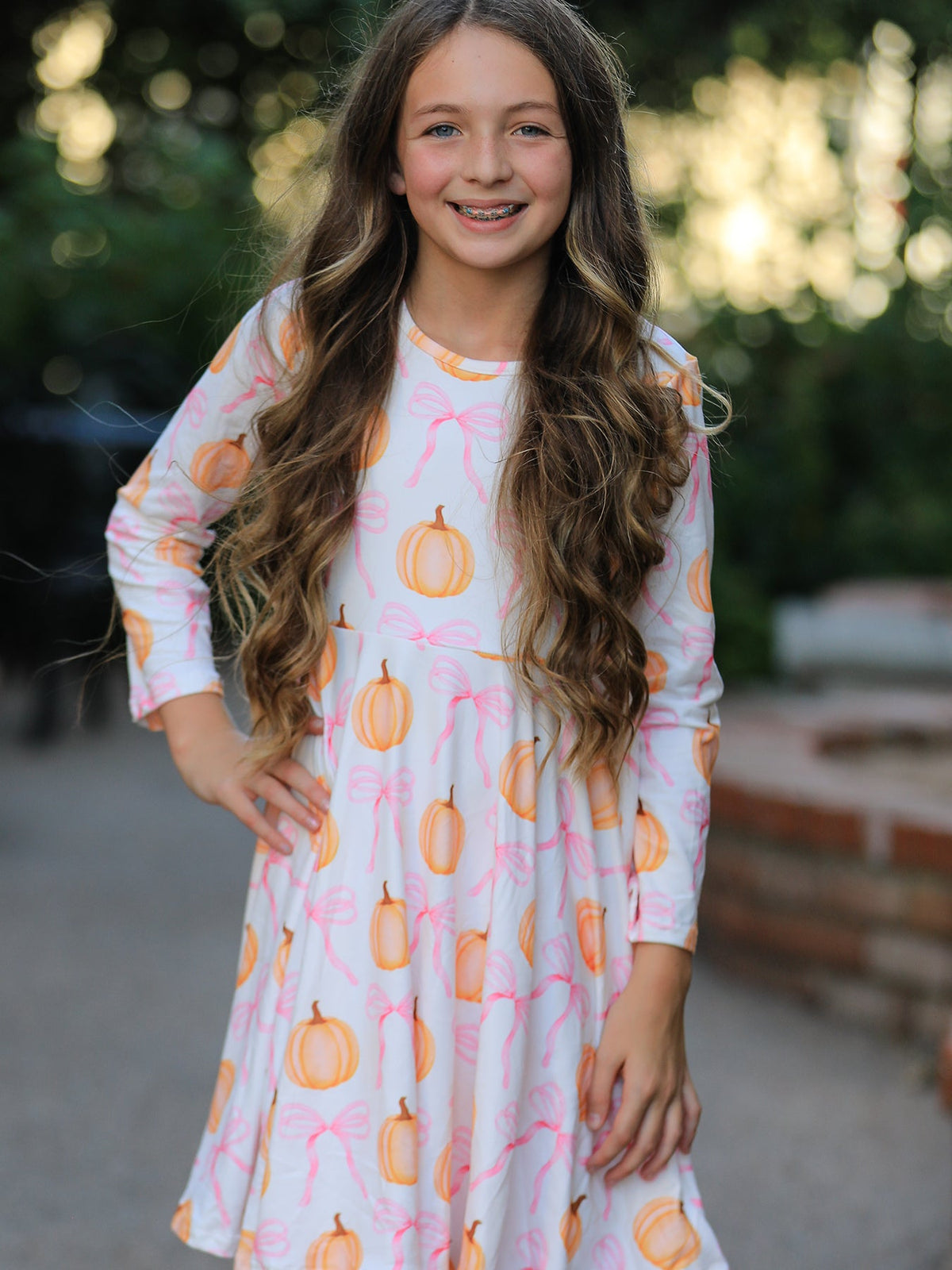 Rylee Faith Designs - Fall Halloween & Thanksgiving Pumpkin Bow Print Long Sleeve Dress - alternate view 5