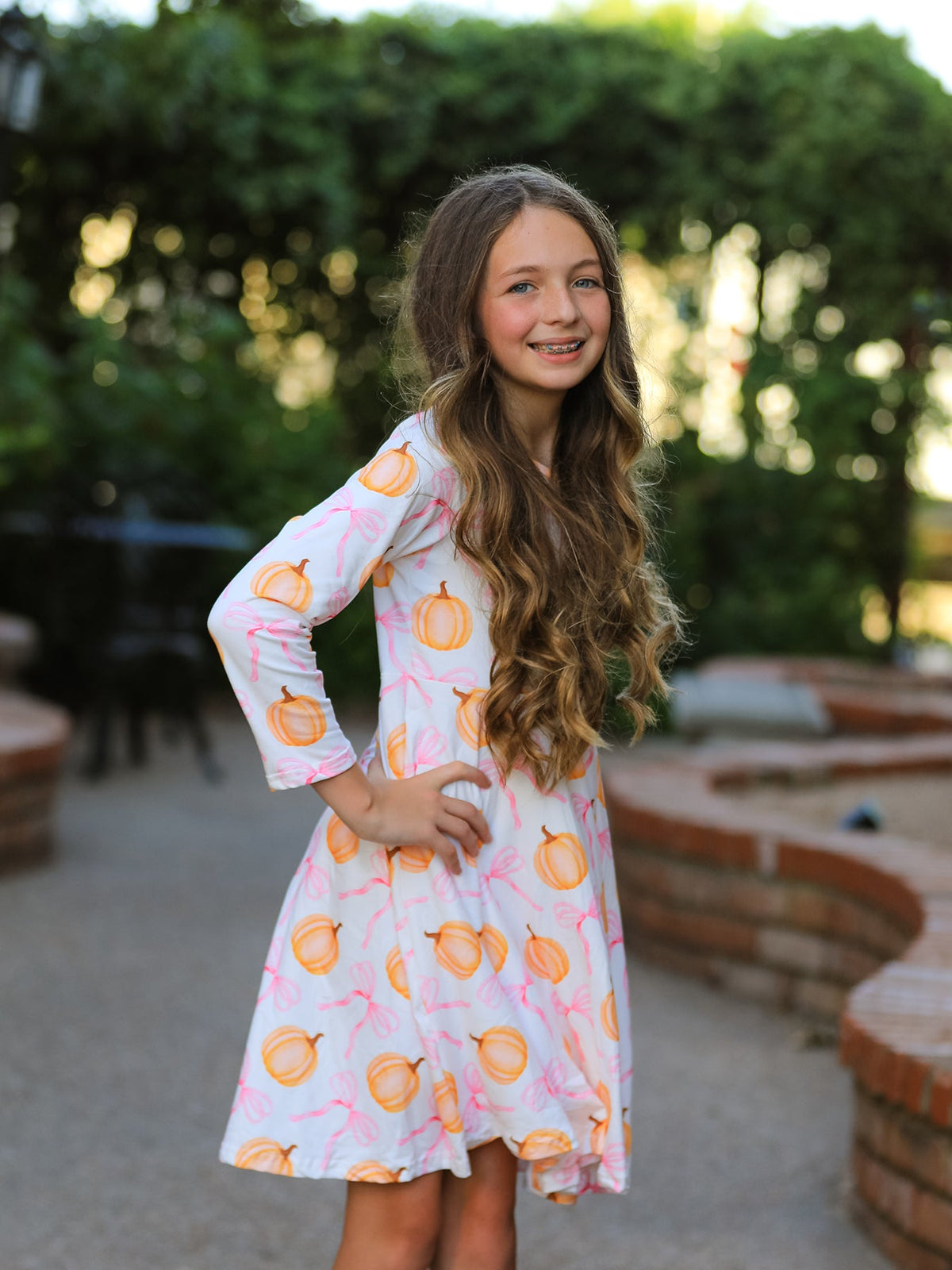 Rylee Faith Designs - Fall Halloween & Thanksgiving Pumpkin Bow Print Long Sleeve Dress - alternate view 4