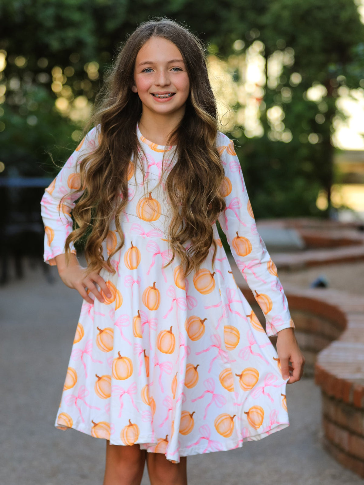 Rylee Faith Designs - Fall Halloween & Thanksgiving Pumpkin Bow Print Long Sleeve Dress - alternate view 3