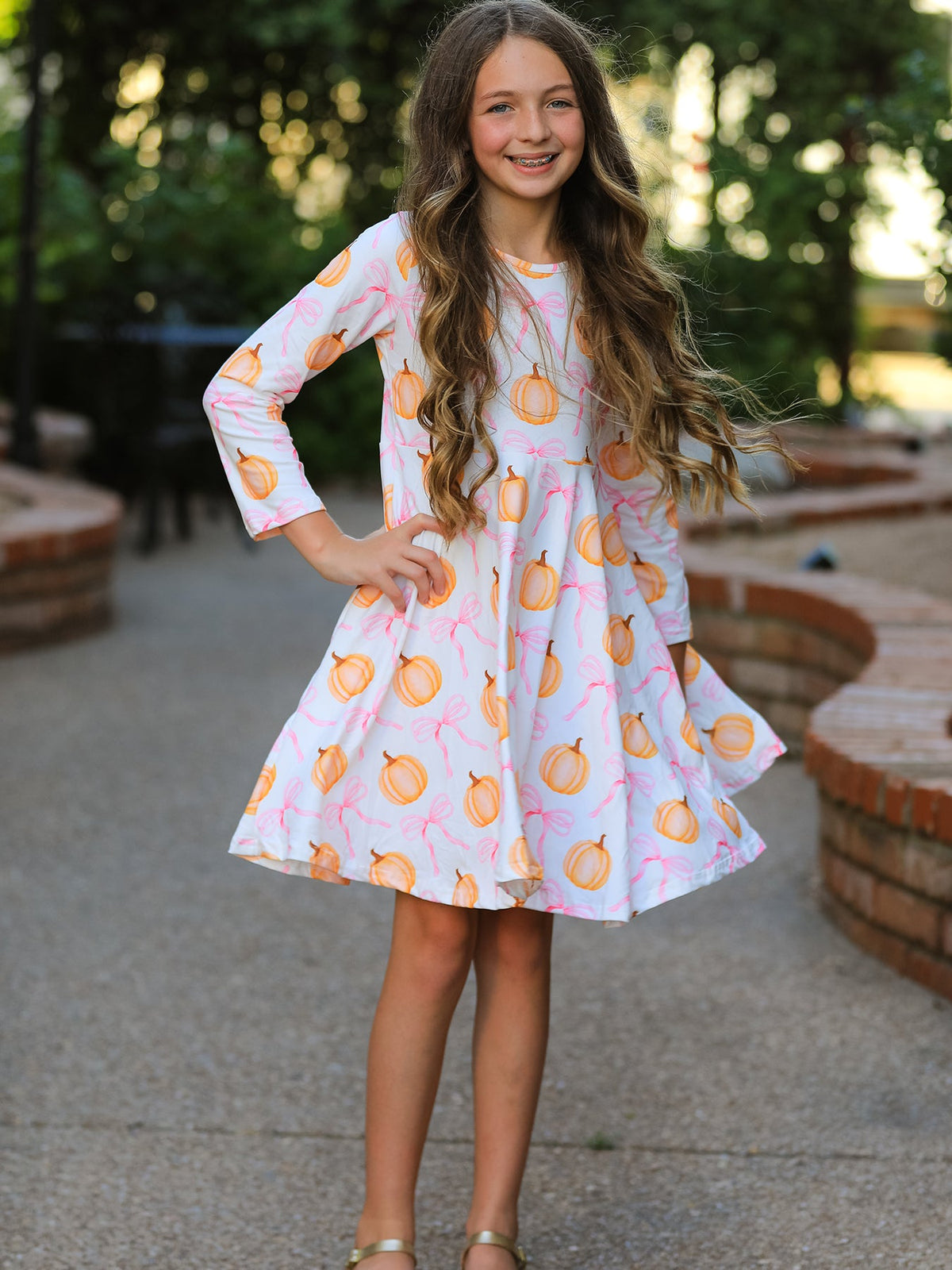 Rylee Faith Designs - Fall Halloween & Thanksgiving Pumpkin Bow Print Long Sleeve Dress - alternate view 2