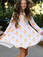 Rylee Faith Designs - Fall Halloween & Thanksgiving Pumpkin Bow Print Long Sleeve Dress