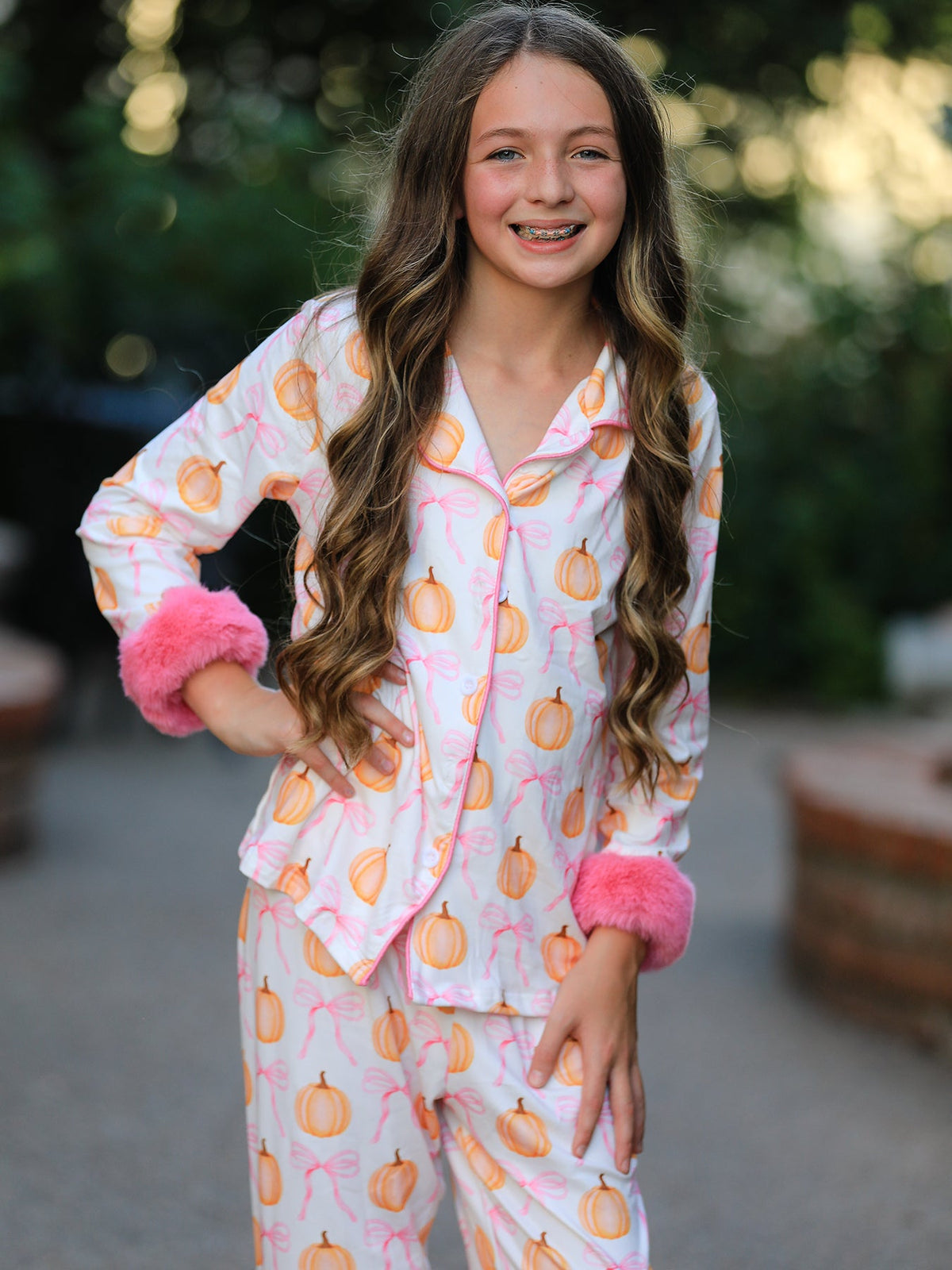 Rylee Faith Designs - Halloween Thanksgiving Pumpkin Bow Fur Pajama Set - alternate view 2