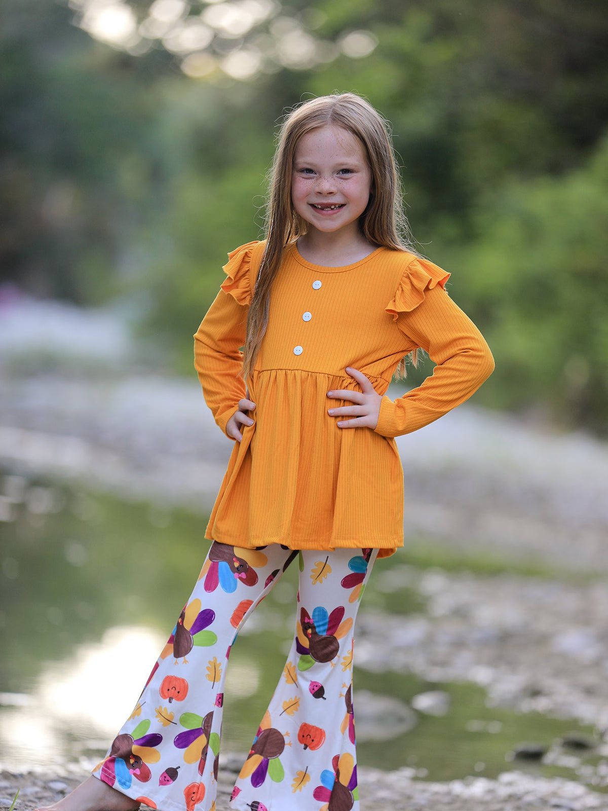 Rylee Faith Designs - Fall Halloween & Thanksgiving Pumpkin Turkey Print Girls Long Sleeve Set