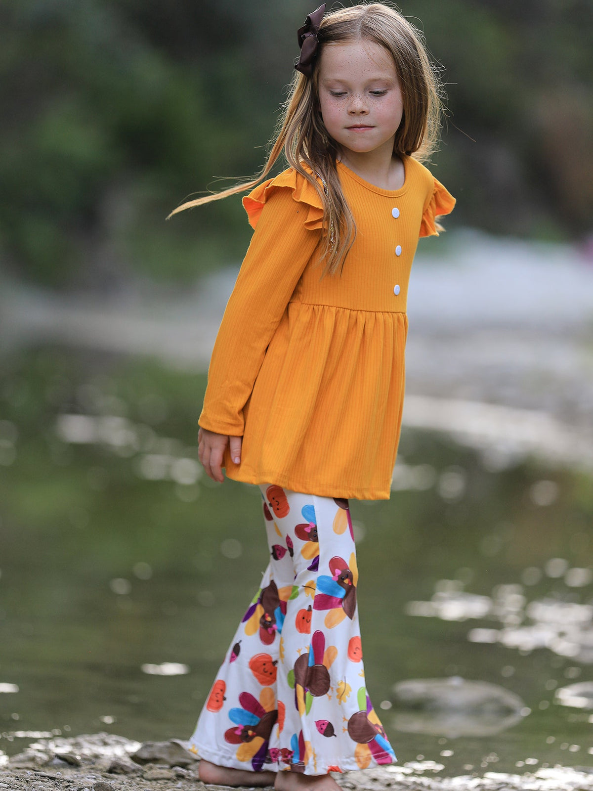 Rylee Faith Designs - Fall Halloween & Thanksgiving Pumpkin Turkey Print Girls Long Sleeve Set - alternate view 5