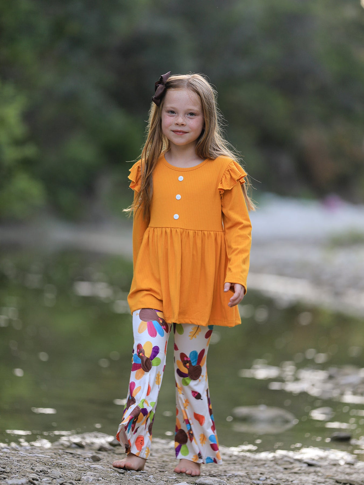Rylee Faith Designs - Fall Halloween & Thanksgiving Pumpkin Turkey Print Girls Long Sleeve Set - alternate view 2