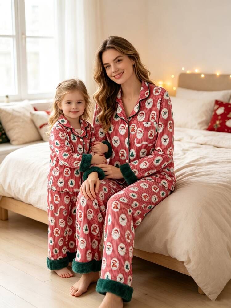 Rylee Faith Designs - Mommy and Me Christmas Santa Print Pajama Set with Fur Trim