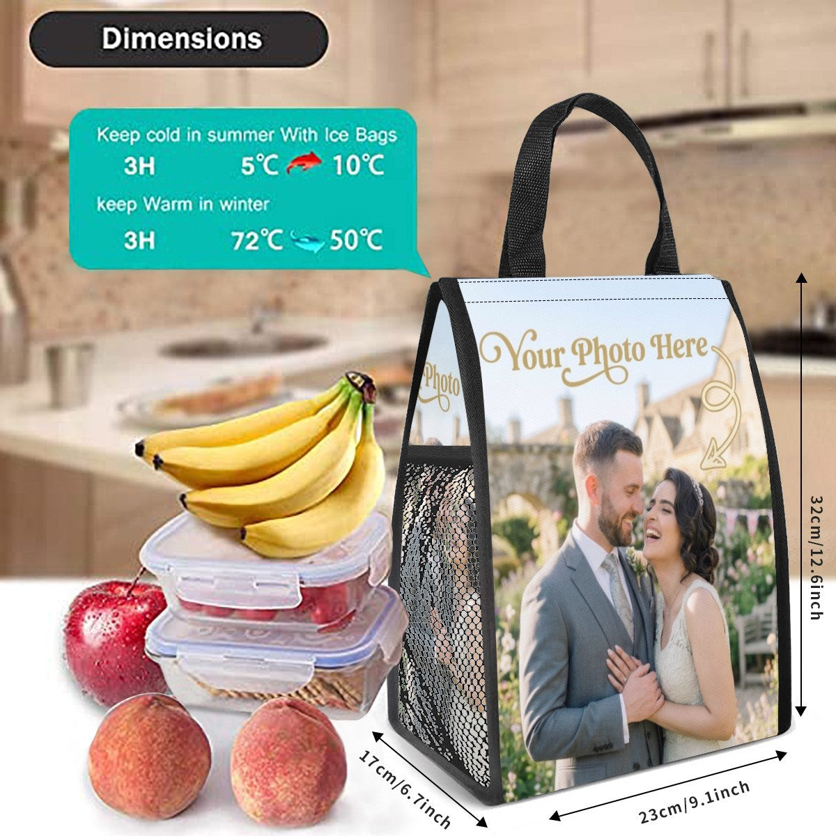Personalized Photo Insulated Lunch Tote - Custom Photo Lunch Bag with Full-Width Photo Print for Work School and Outdoor Use