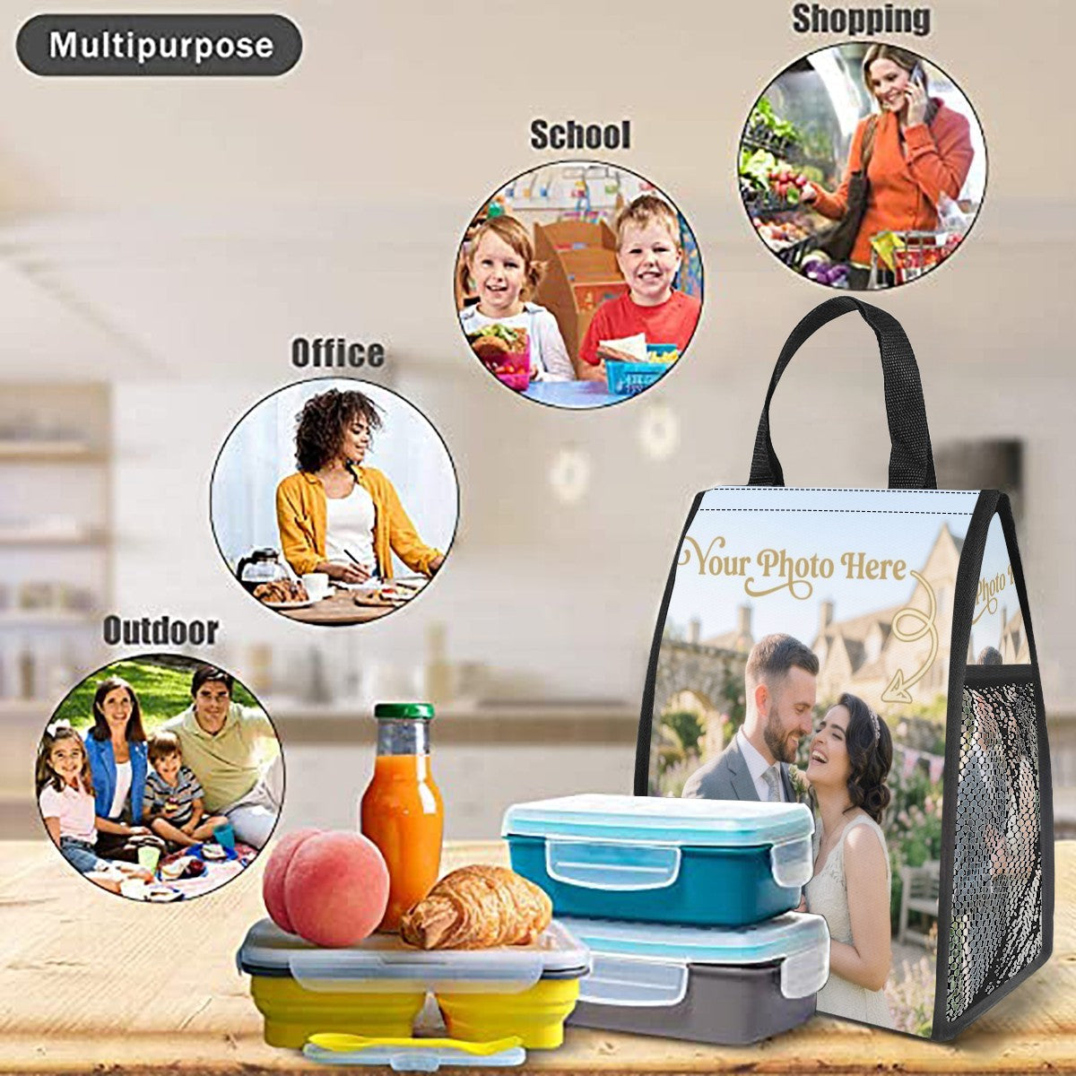 Personalized Photo Insulated Lunch Tote - Custom Photo Lunch Bag with Full-Width Photo Print for Work School and Outdoor Use