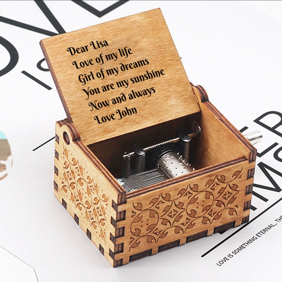 Personalized Wooden Music Box - You Are My Sunshine | Custom Message Engraved Inside | Pine with Laser-Engraved Vine Exterior | Hand-Crank