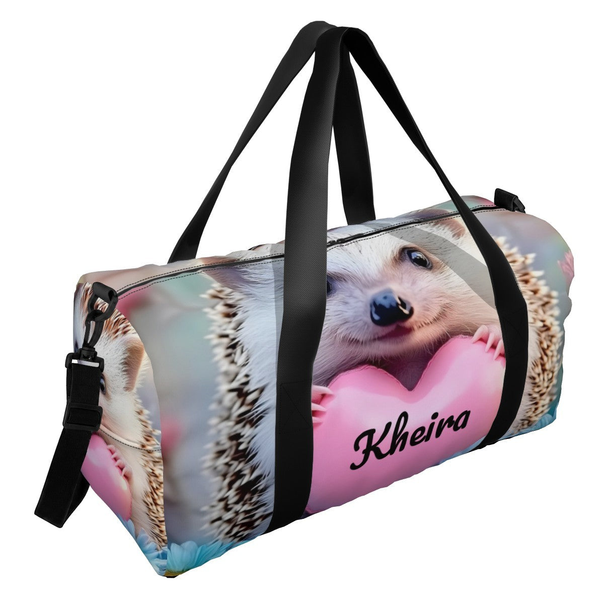 Personalized Hedgehog Heart Duffel Bag with Custom Name – Cute Travel, Gym & Weekend Bag