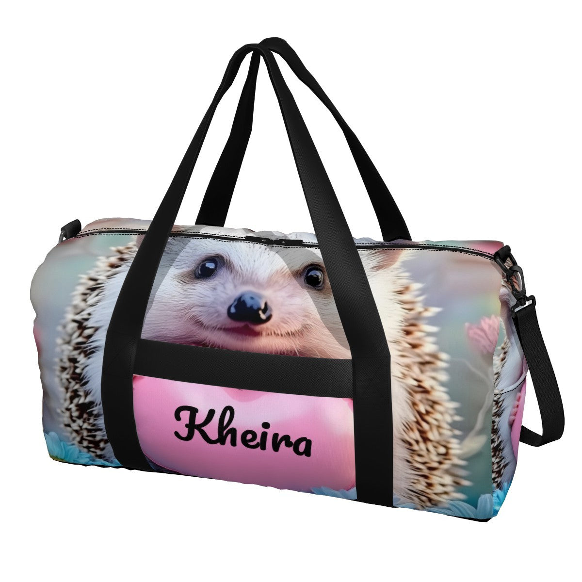 Personalized Hedgehog Heart Duffel Bag with Custom Name – Cute Travel, Gym & Weekend Bag