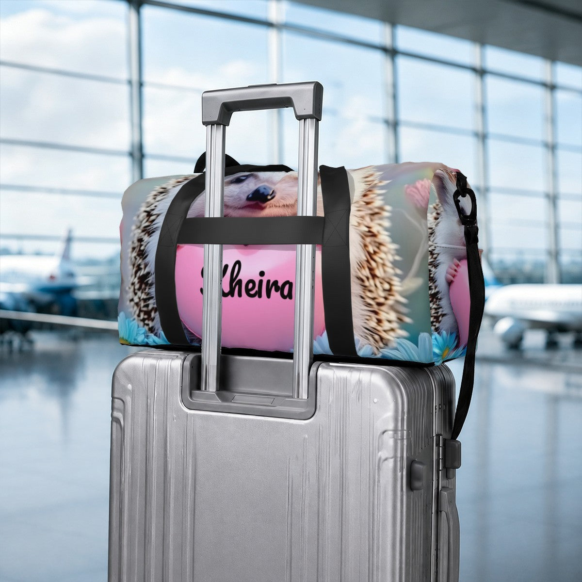 Personalized Hedgehog Heart Duffel Bag with Custom Name – Cute Travel, Gym & Weekend Bag