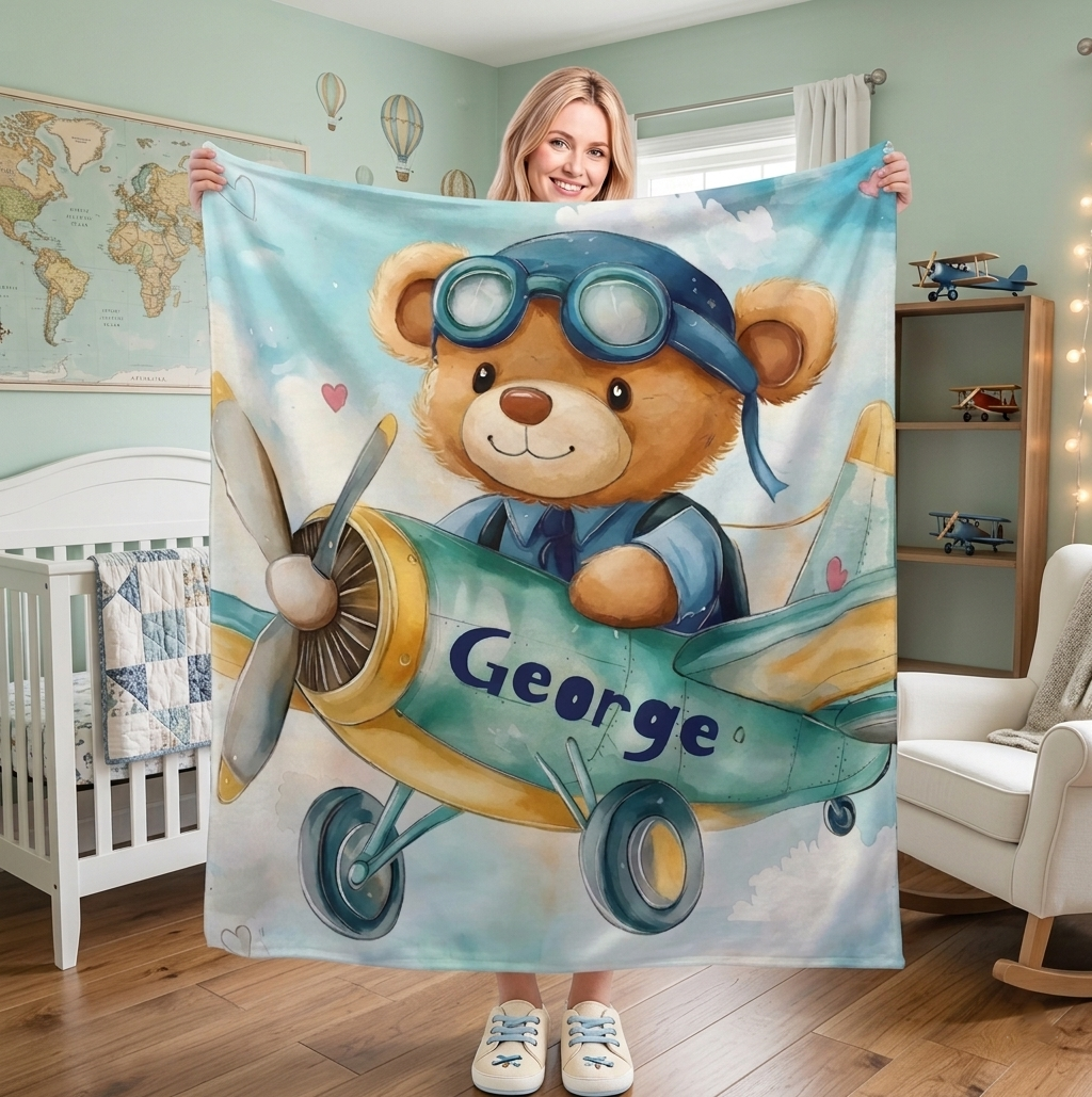 Personalized Teddy Bear Pilot Blanket with Name | Aviation Adventure Design | Custom Baby & Kids Gift