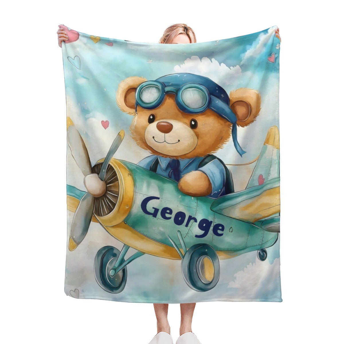 Personalized Teddy Bear Pilot Blanket with Name | Aviation Adventure Design | Custom Baby & Kids Gift