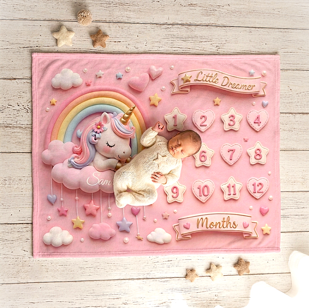 Pink Unicorn Baby Milestone Blanket | Little Dreamer Sleeping Unicorn on Rainbow Cloud | Month Numbers 1–12 | Monthly Photoshoot Prop for Baby Girls