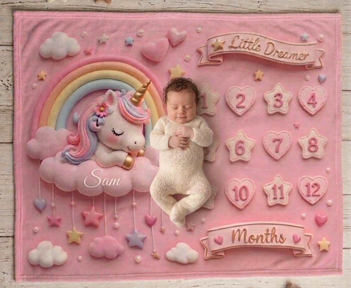 Pink Unicorn Baby Milestone Blanket | Little Dreamer Sleeping Unicorn on Rainbow Cloud | Month Numbers 1–12 | Monthly Photoshoot Prop for Baby Girls