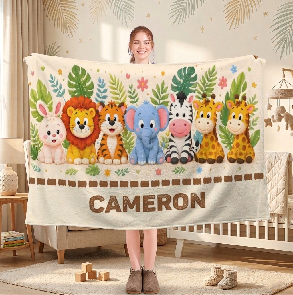 Personalized Safari Animals Blanket with Name | All-Cream Stitch Border Design | Custom Baby Gift