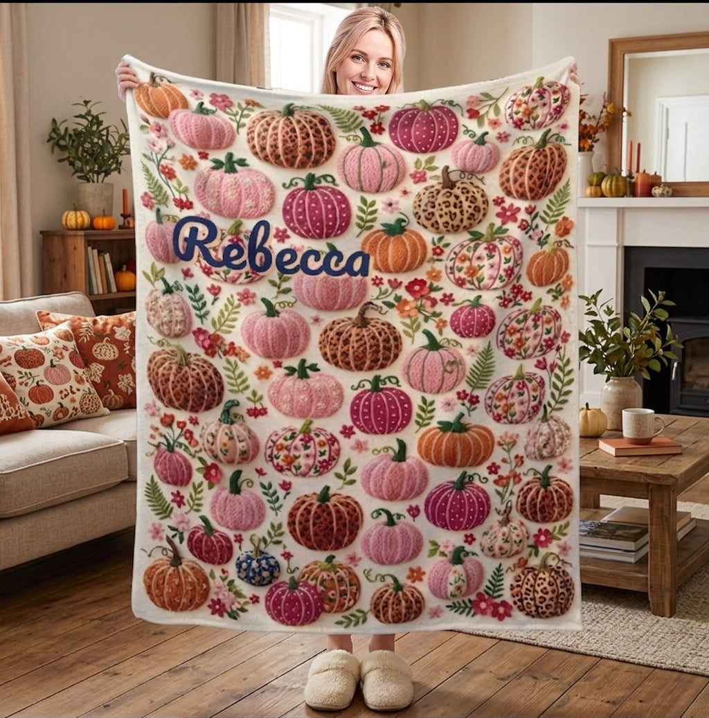 Personalized Pumpkin Blanket with Name - Custom Fall Fleece Throw with Embroidery-Style Pumpkin Print for Girls, Women and Kids