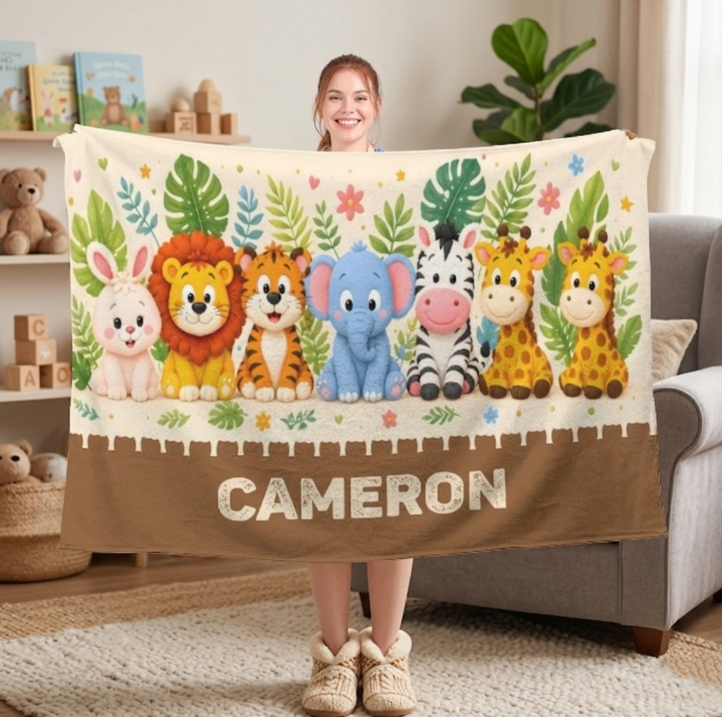 Personalized Safari Animals Blanket with Name | Cartoon Row Design | Custom Baby & Kids Gift