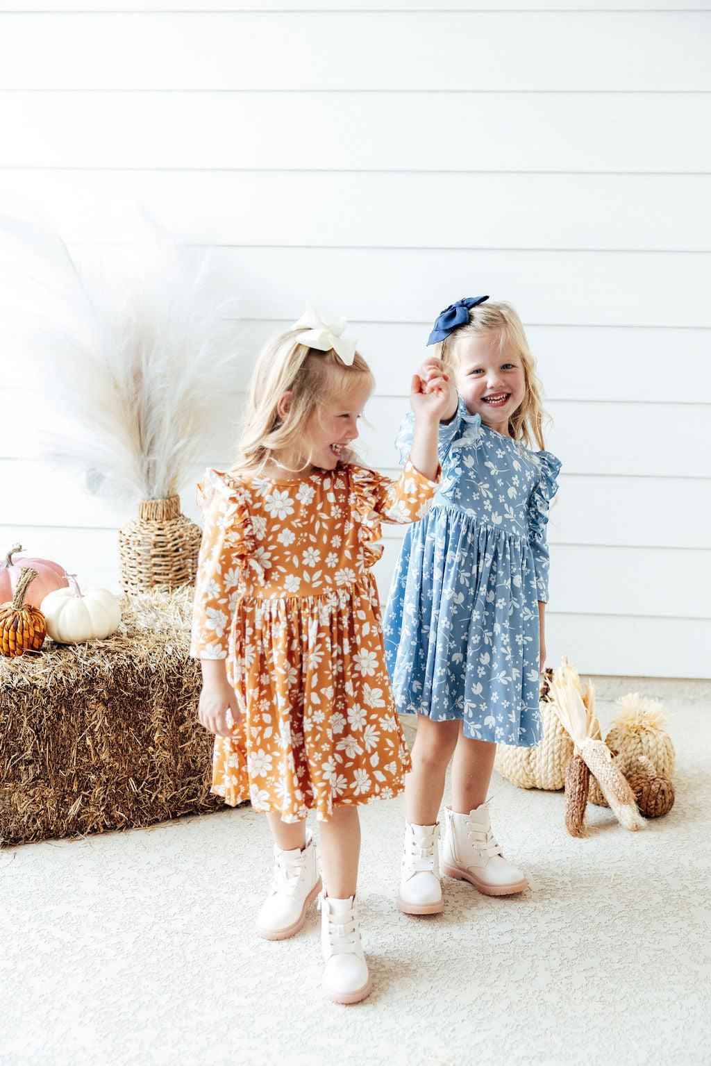 Golden Blooms 3/4 Sleeve Ruffle Twirl Dress