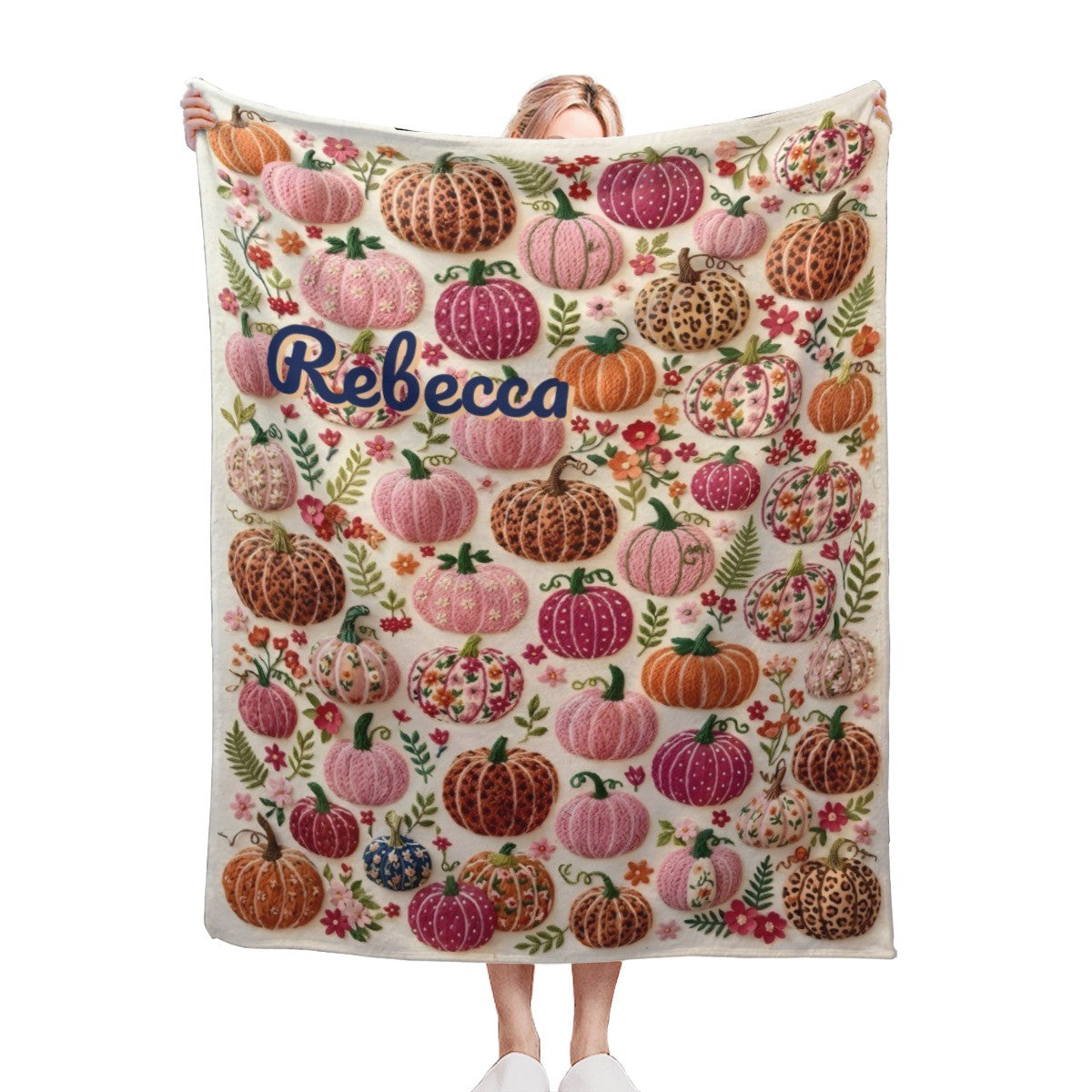 Personalized Pumpkin Blanket with Name - Custom Fall Fleece Throw with Embroidery-Style Pumpkin Print for Girls, Women and Kids