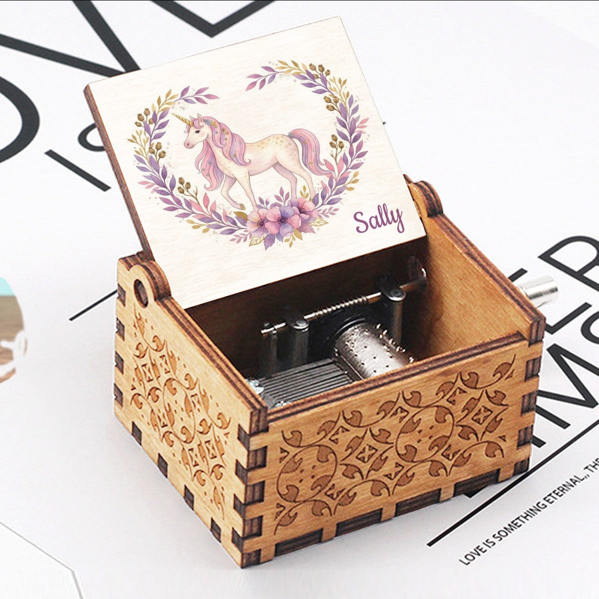 Personalized Music Box with Name - Watercolour White Unicorn in Lavender Floral Wreath - Hand-Crank Wooden Music Box Plays You Are My Sunshine - Unicorn Gift for Girls