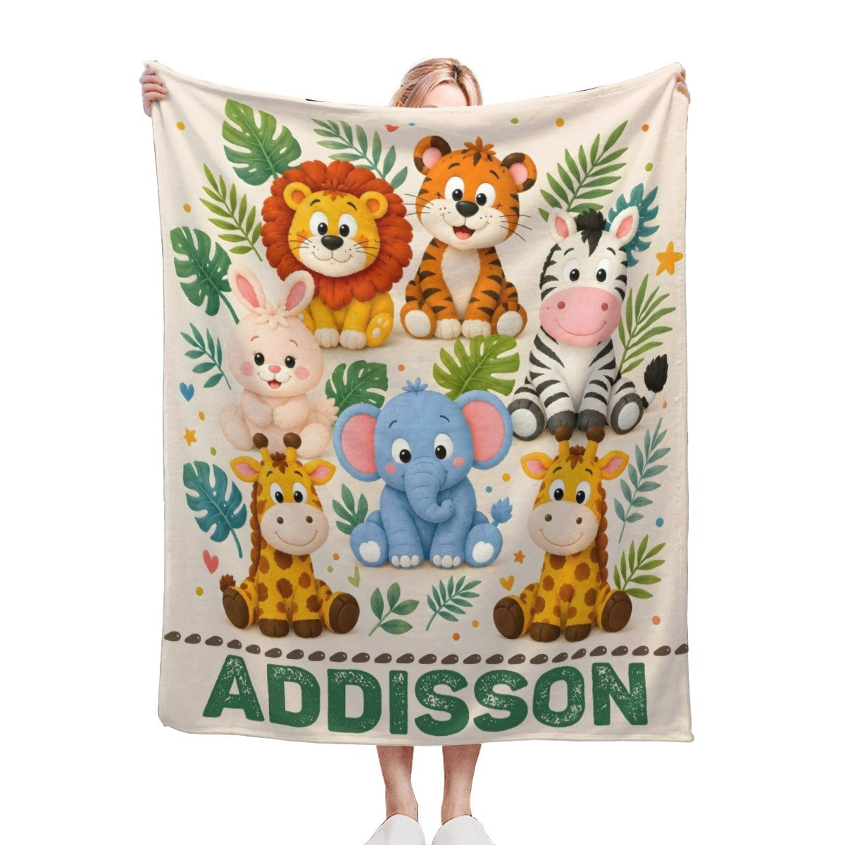 Personalized Safari Animals Blanket with Name | Clustered Group Portrait Design | Custom Kids Gift