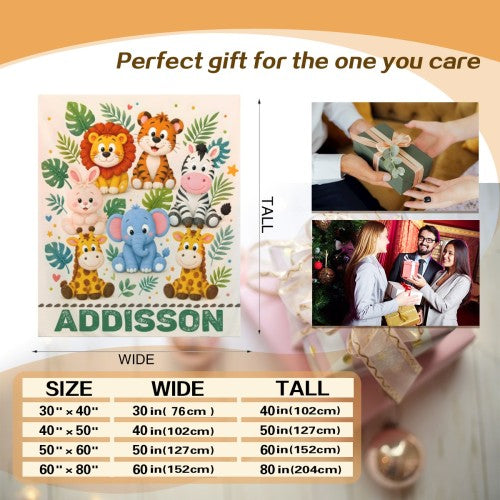 Personalized Safari Animals Blanket with Name | Clustered Group Portrait Design | Custom Kids Gift