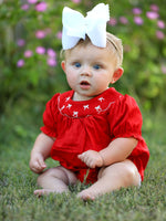 Rylee Faith Designs - Girls Bow Smocking Embroidered Red Romper