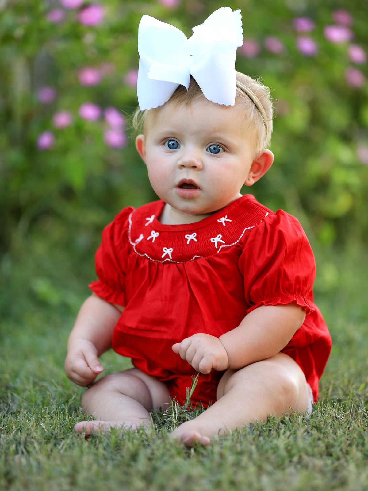 Rylee Faith Designs - Girls Bow Smocking Embroidered Red Romper
