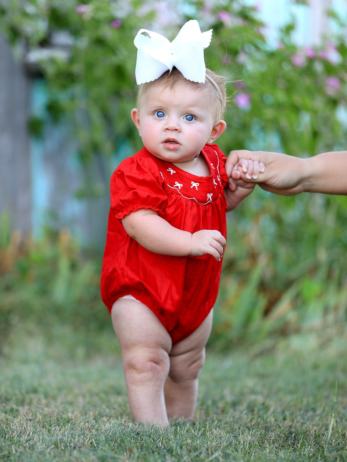 Rylee Faith Designs - Girls Bow Smocking Embroidered Red Romper - alternate view 2