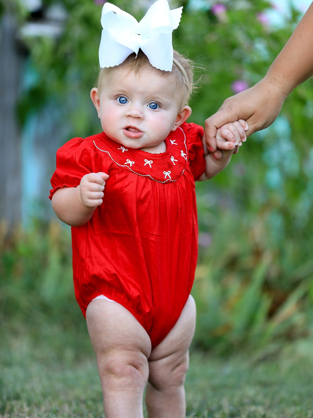 Rylee Faith Designs - Girls Bow Smocking Embroidered Red Romper - alternate view 3