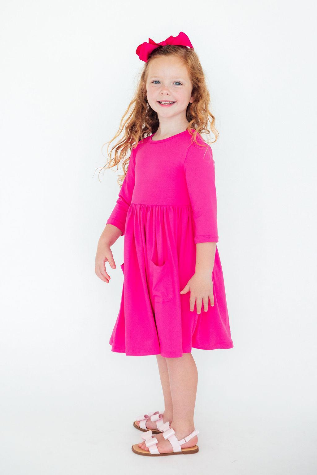 Hot Pink 3/4 Sleeve Pocket Twirl Dress - Image 2