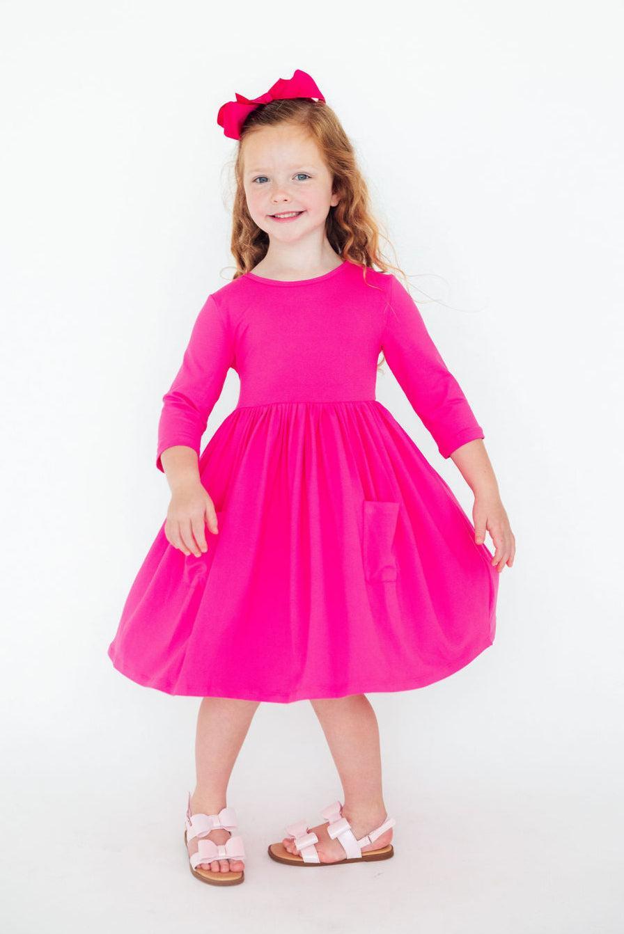 Hot Pink 3/4 Sleeve Pocket Twirl Dress - Image 3