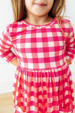 Hot Pink Gingham 3/4 Sleeve Pocket Twirl Dress - Image 3