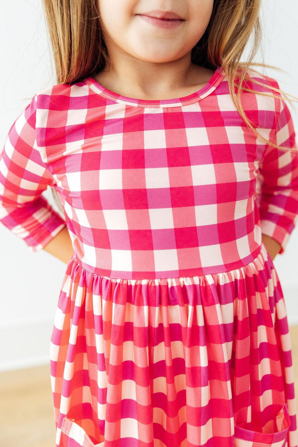 Hot Pink Gingham 3/4 Sleeve Pocket Twirl Dress - Image 3