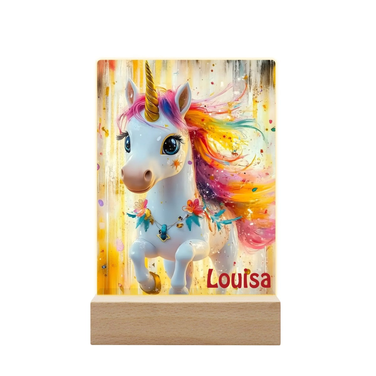 Personalized Unicorn Night Light with Name | Kawaii Baby Unicorn, Rainbow Mane, Flower Garland, Golden Watercolor Background | Beech Wood Base | Gift for Girls