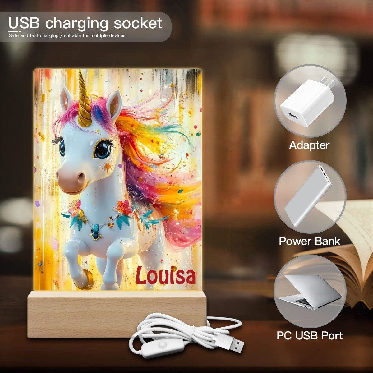 Personalized Unicorn Night Light with Name | Kawaii Baby Unicorn, Rainbow Mane, Flower Garland, Golden Watercolor Background | Beech Wood Base | Gift for Girls