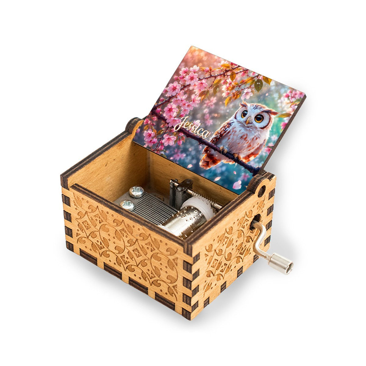 Personalized Music Box with Name - Kawaii Owl Perched on Cherry Blossom Branch with Glowing Teal Bokeh Background - Hand-Crank Wooden Music Box Plays You Are My Sunshine - Nature Spring Gift