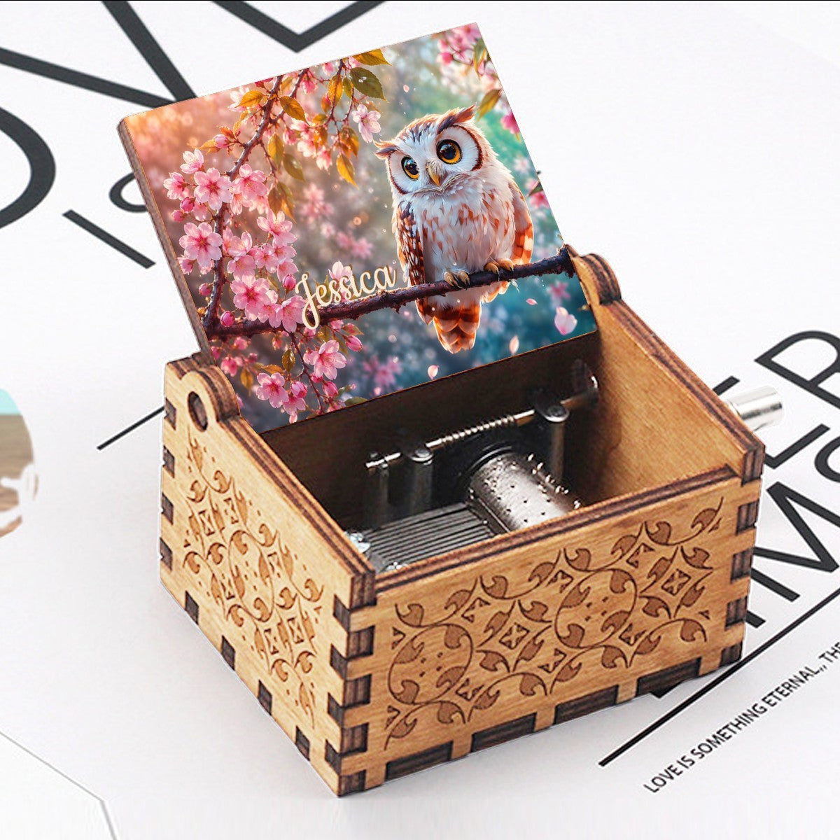 Personalized Music Box with Name - Kawaii Owl Perched on Cherry Blossom Branch with Glowing Teal Bokeh Background - Hand-Crank Wooden Music Box Plays You Are My Sunshine - Nature Spring Gift