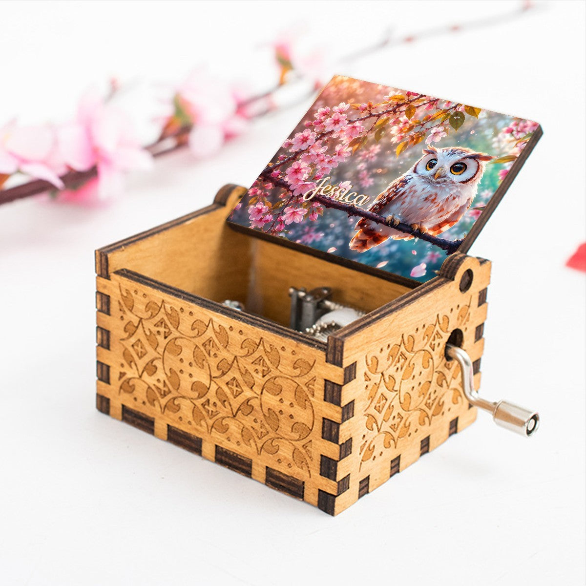 Personalized Music Box with Name - Kawaii Owl Perched on Cherry Blossom Branch with Glowing Teal Bokeh Background - Hand-Crank Wooden Music Box Plays You Are My Sunshine - Nature Spring Gift