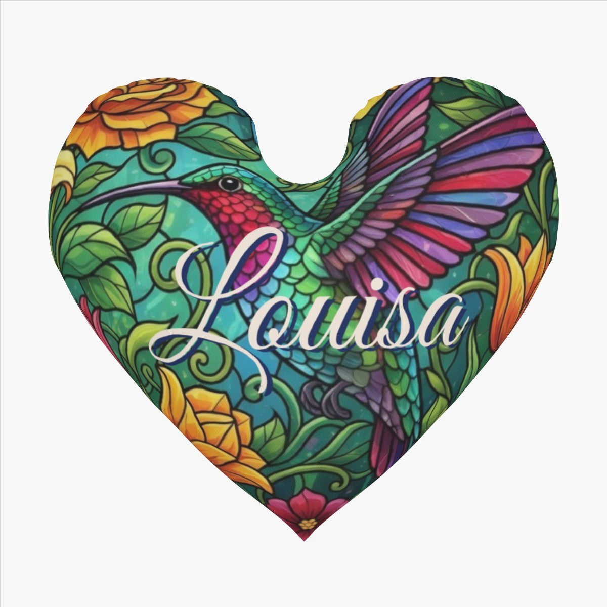 Personalized Hummingbird Heart Pillow with Name | Stained Glass Rainbow Wings, Golden Roses, Emerald Vines | Custom Gift for Hummingbird Lovers
